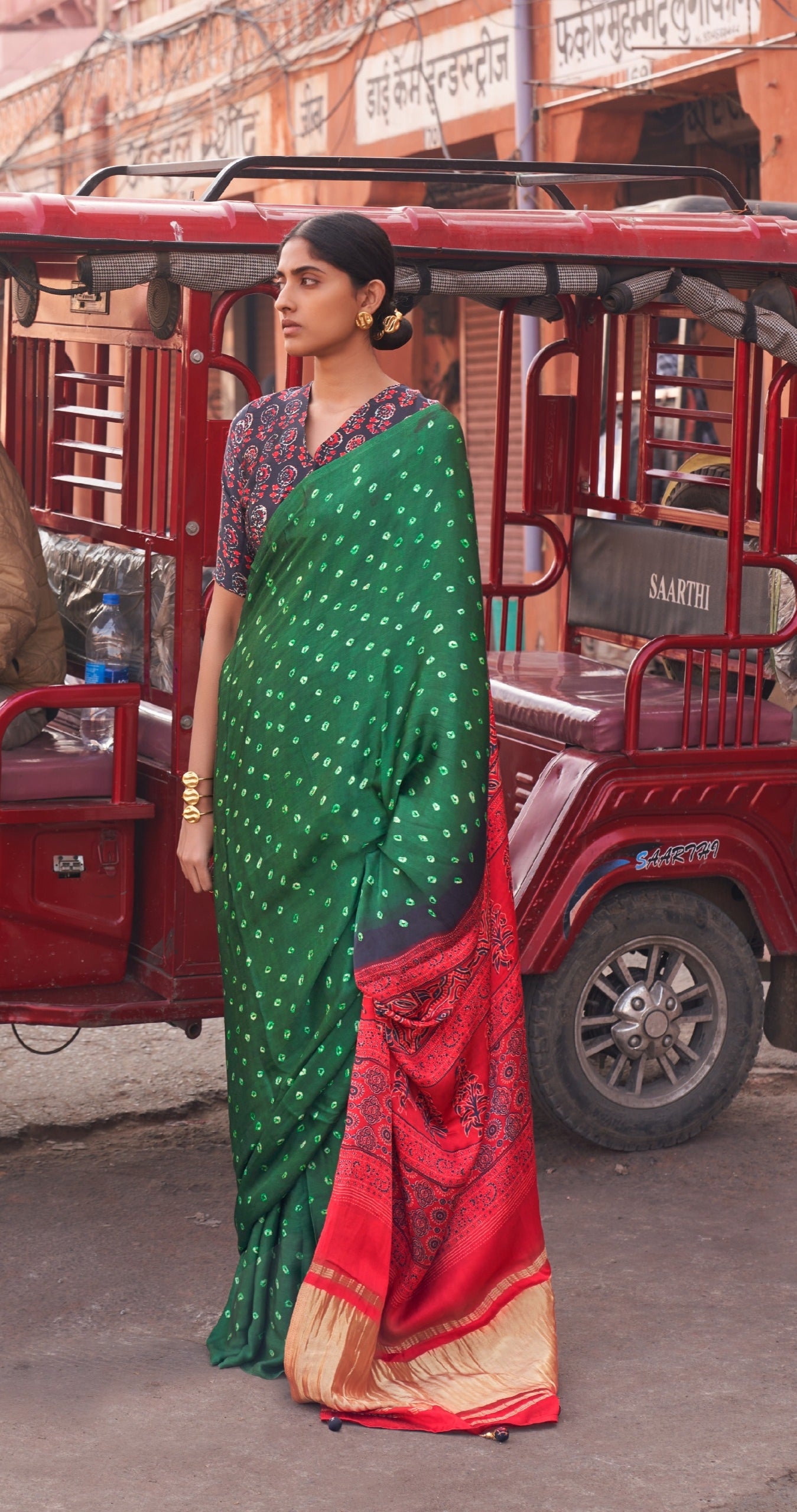Gajji silk (viscose) Saree | Bandhani print | Ajark printed pallu