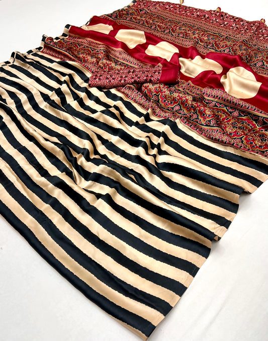 Printed Ajrakh Satin Crepe Saree
