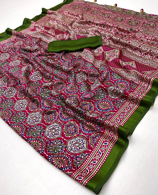 Printed Ajarakh Crepe Saree