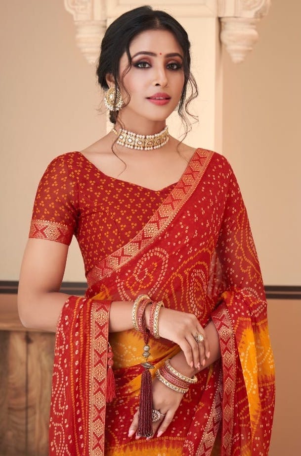 Elegant Chiffon Saree W/ Tassels