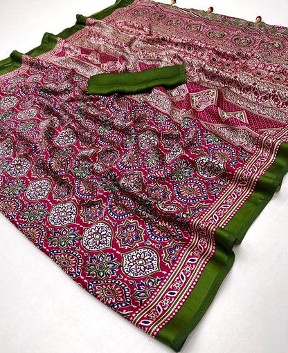 Printed Ajarakh Crepe Saree