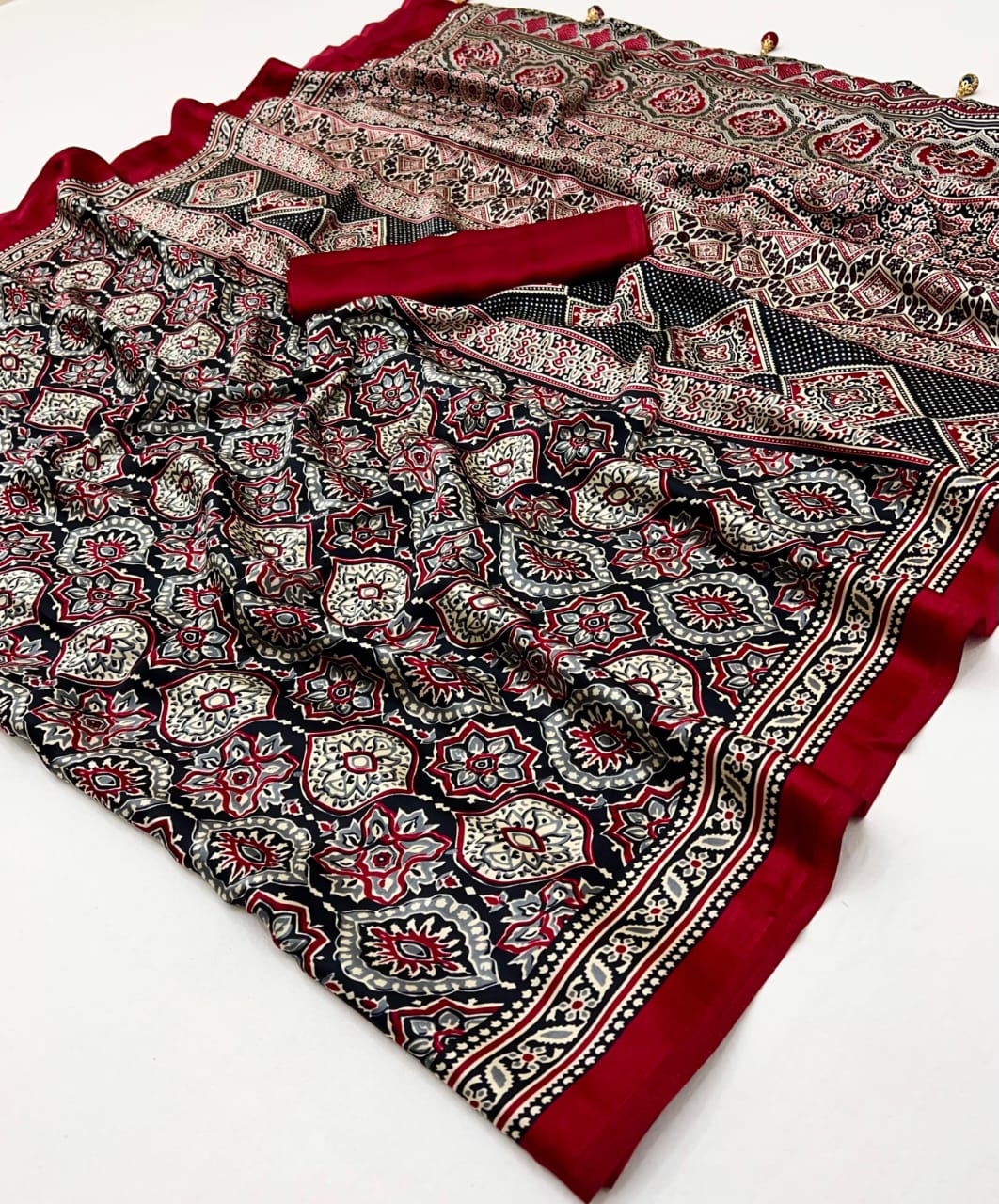 Printed Ajarakh Crepe Saree