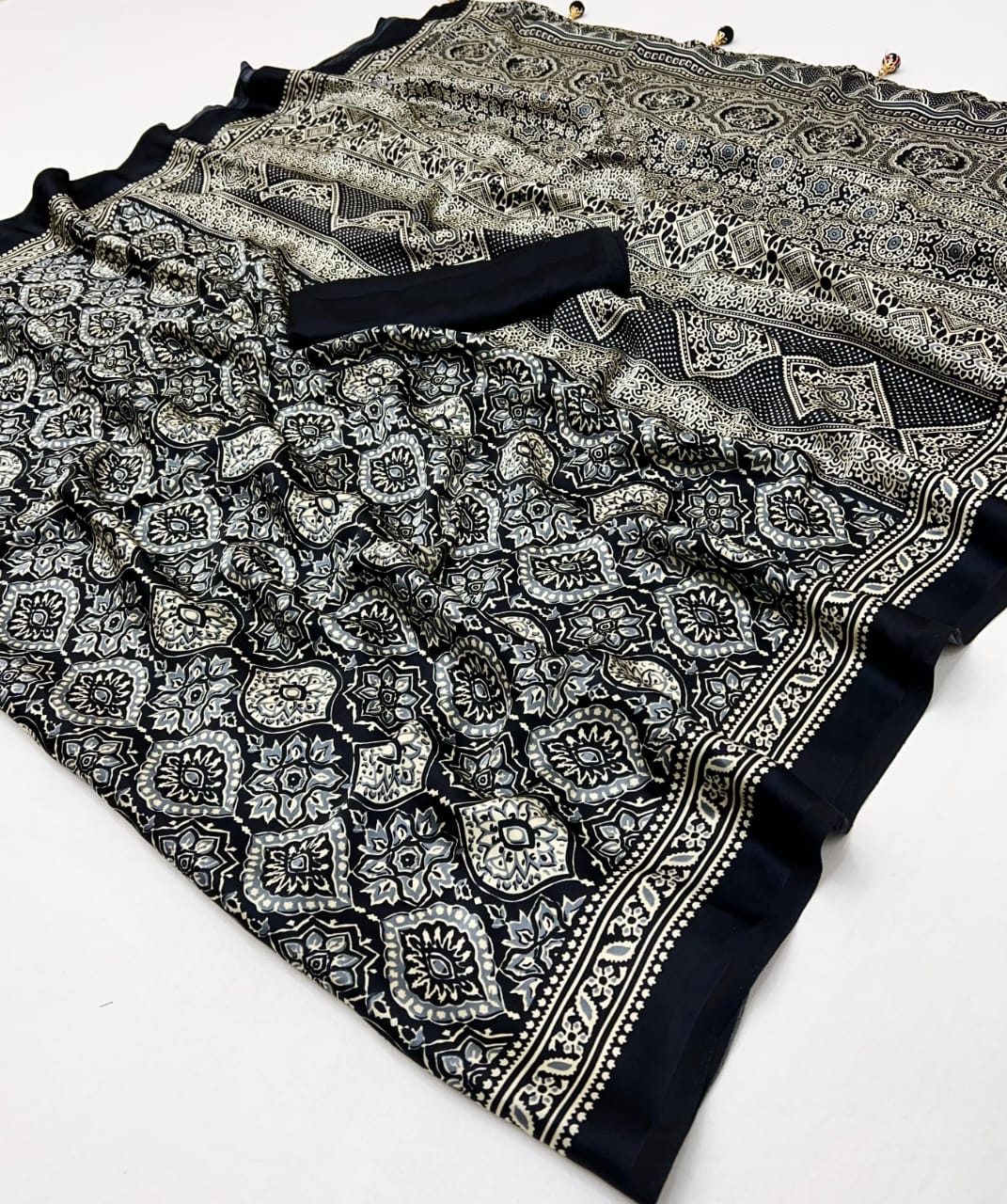 Printed Ajarakh Crepe Saree