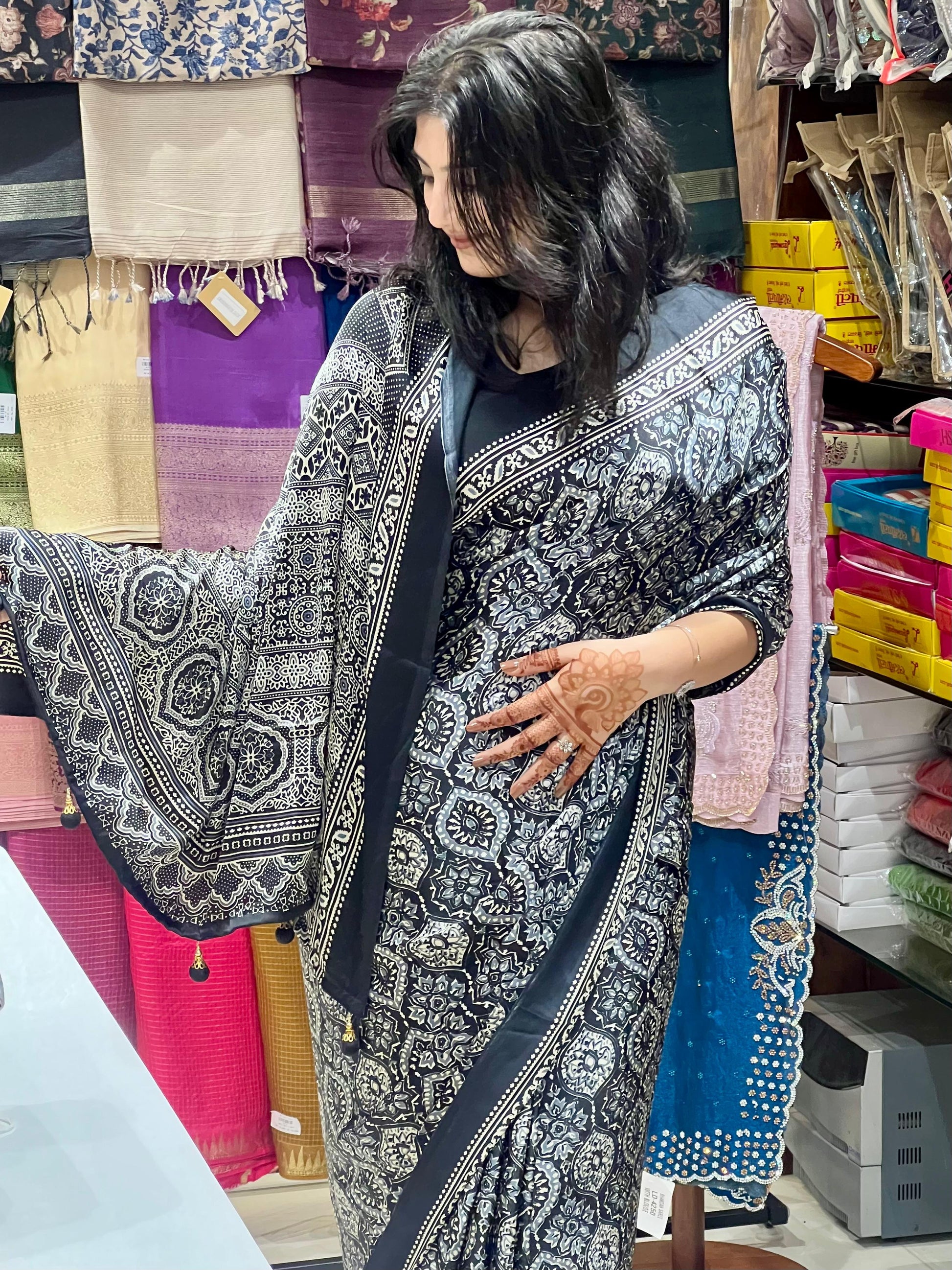 Printed Ajarakh Crepe Saree
