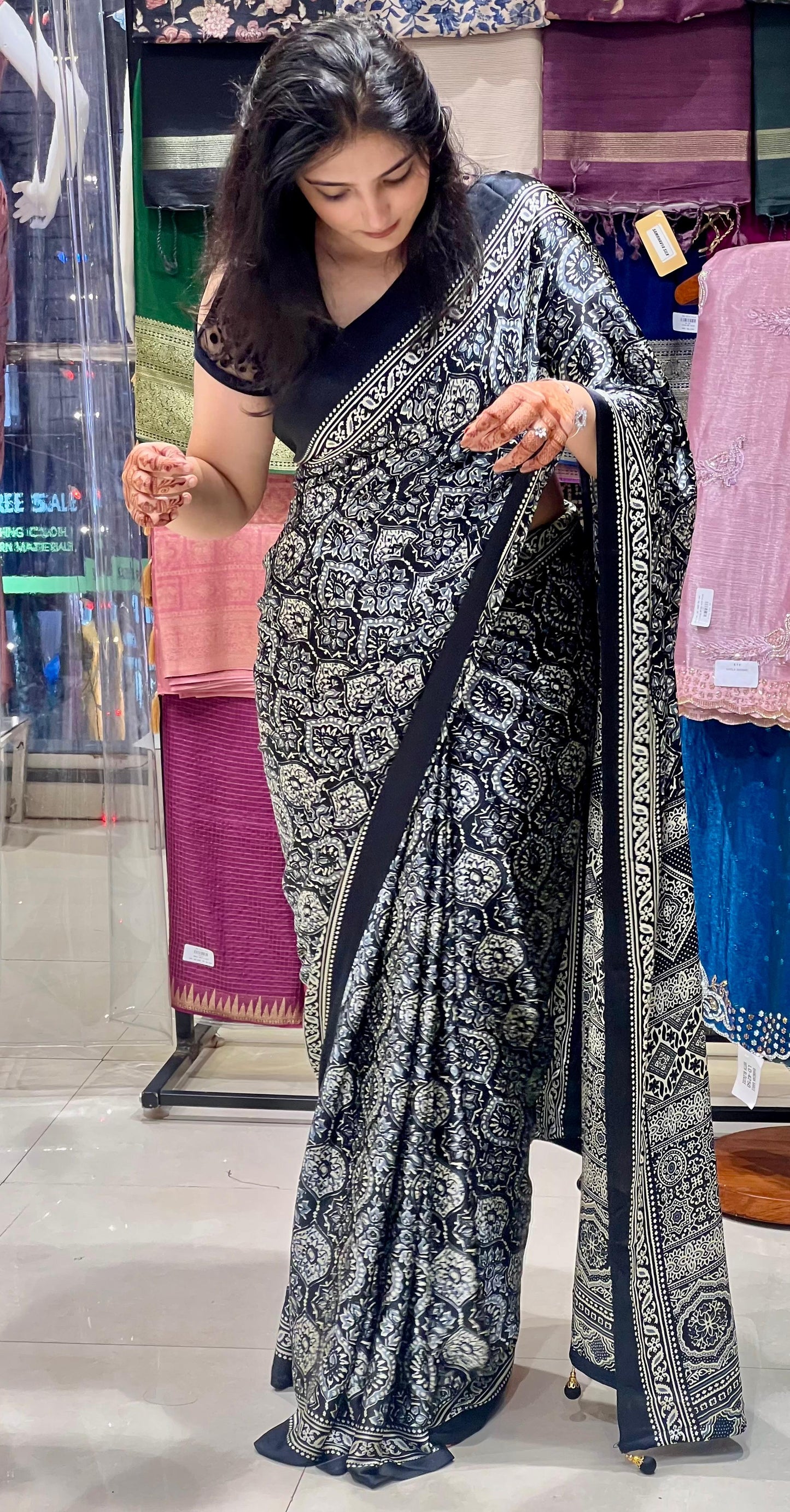Printed Ajarakh Crepe Saree