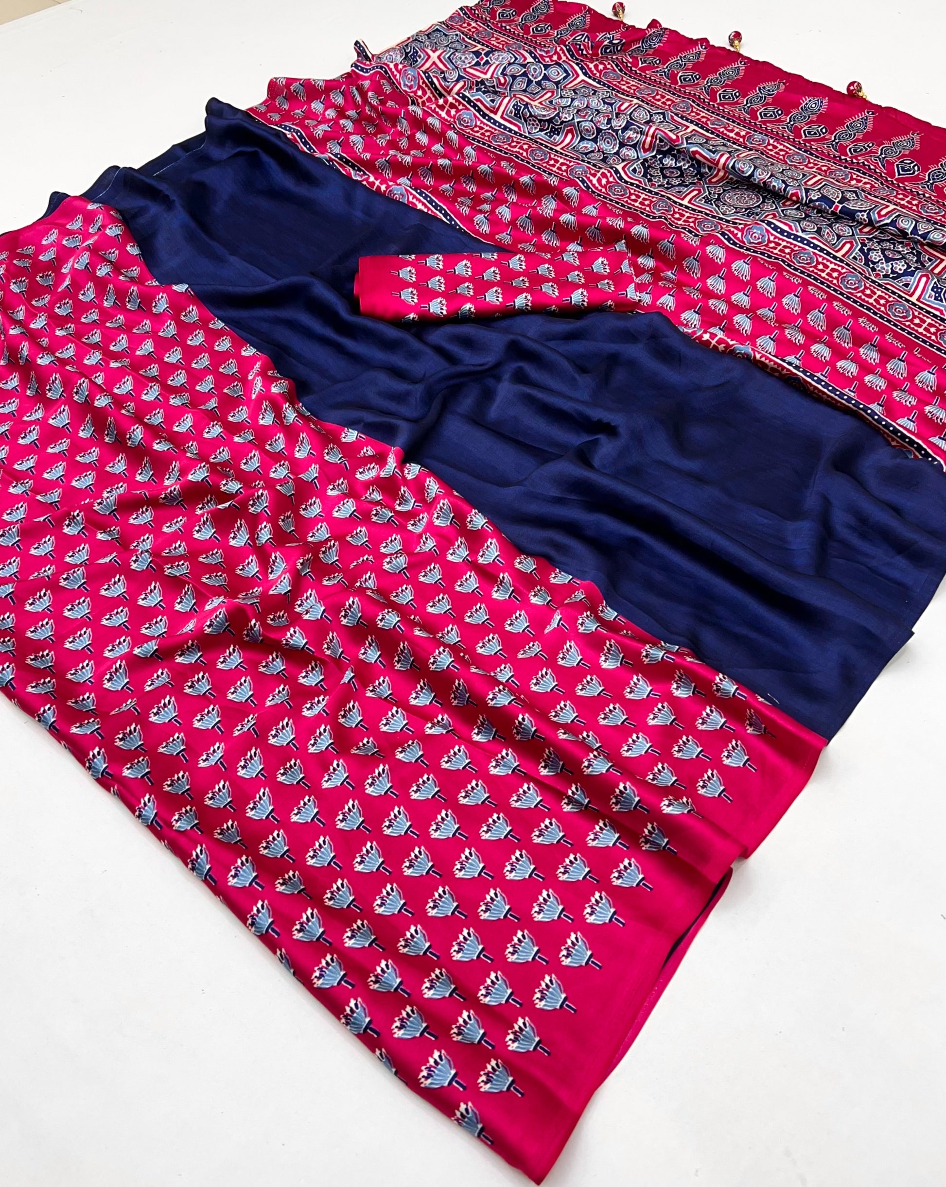 Printed Ajrakh Crepe Saree