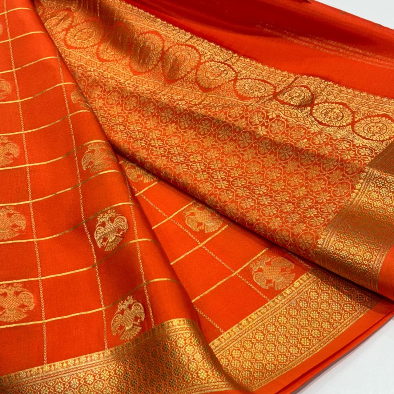 Pure Mysore Silk Saree | 120 grams | Gandaberunda Pattern With Checks
